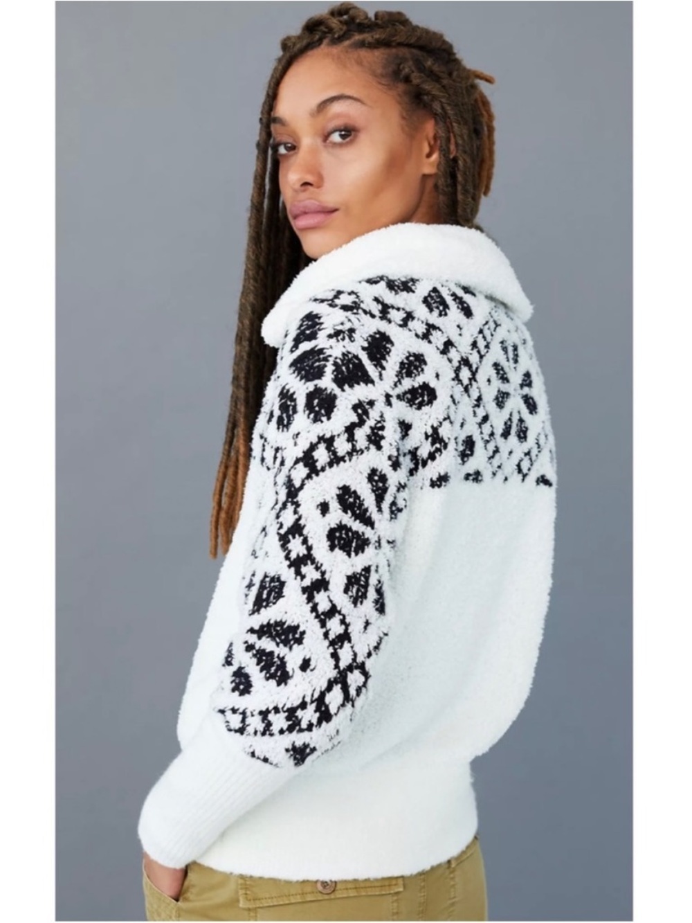 Anthropologie Pilcro Sherpa Pullover Sweater Women’s Small Black White Fair Isle - Picture 2 of 14